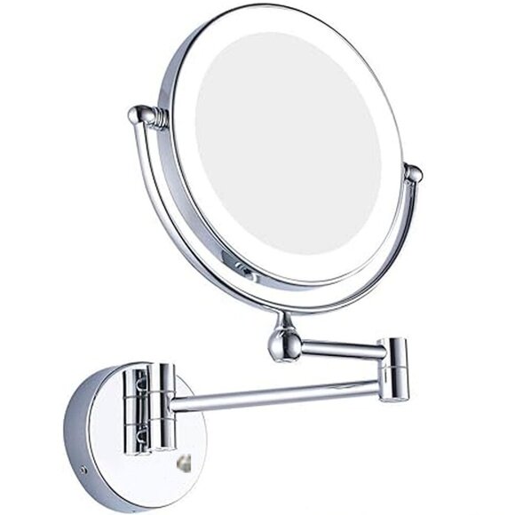 Lighted Wall Mounted Makeup Mirror Magnify Folding Round Beauty Bathroom Silver - Picture 1 of 14